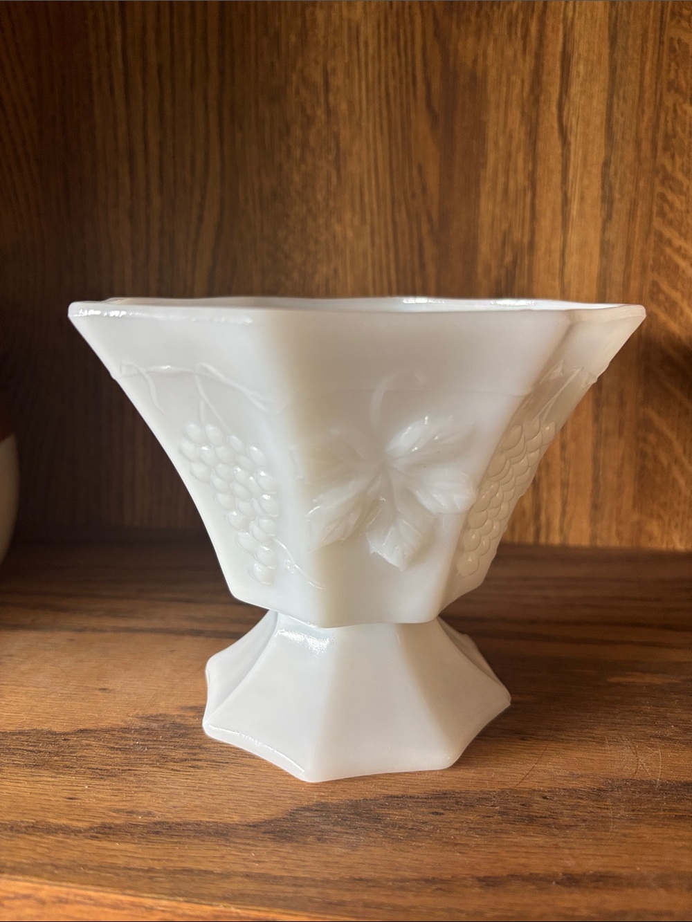 White Milk Glass Pedestal Bowl with Grape Motif